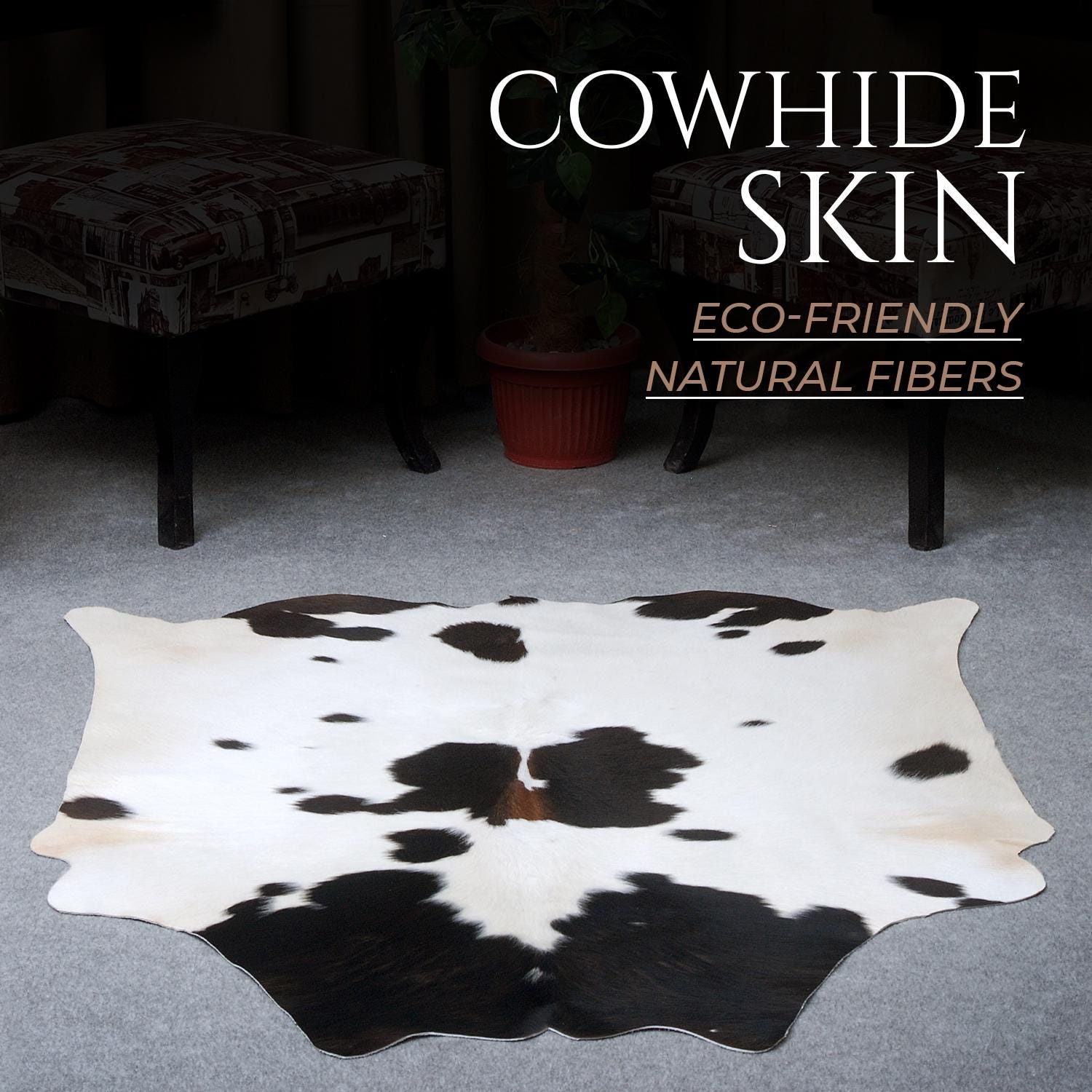 Luxurious Black & White Cowhide Rug | Medium Size Area Rug for Modern Home Décor | 100% Natural - Eco-Friendly | Hypoallergenic - Non-Slip