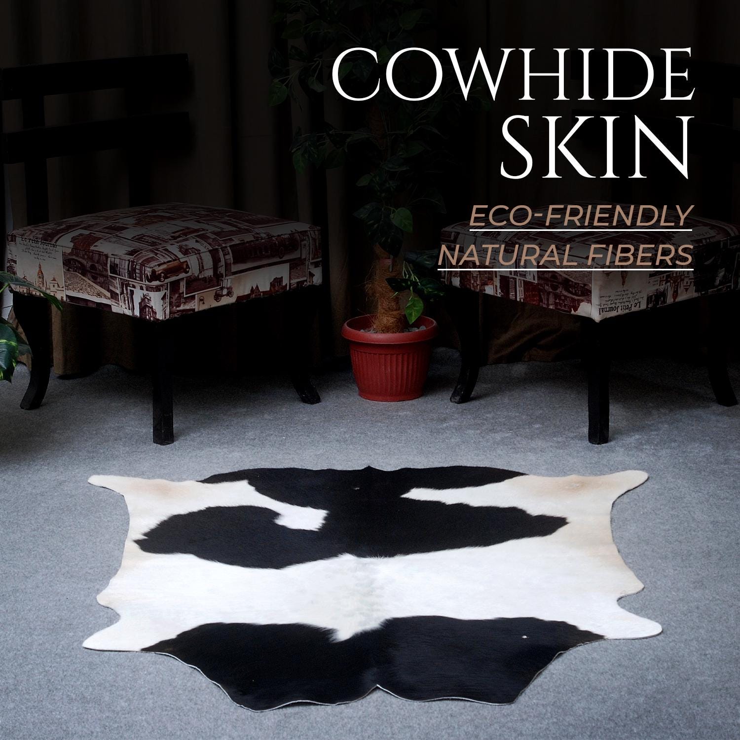 Luxurious Black & White Cowhide Rug with Non-Slip Backing - Handcrafted Natural Beauty for Modern Home Décor - Medium Size, Hypoallergenic