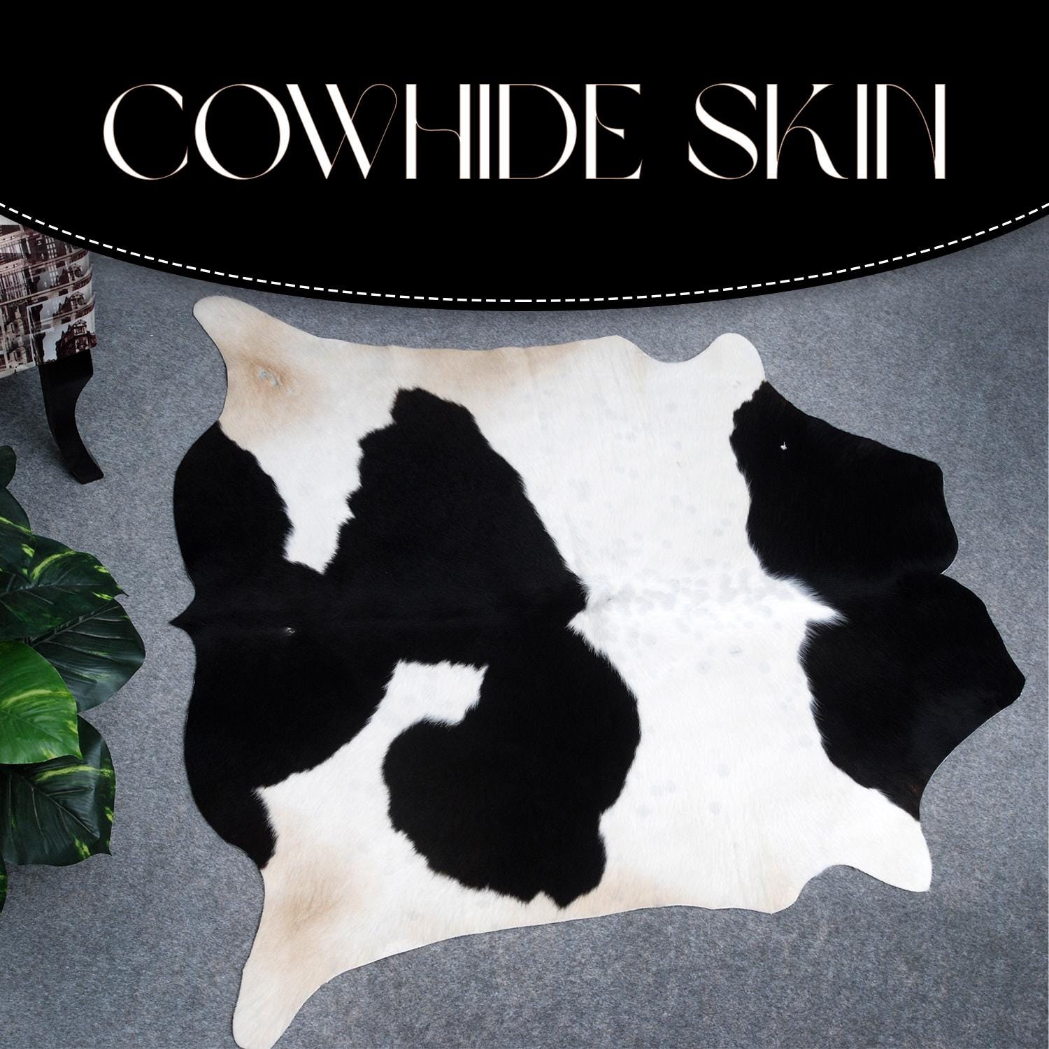 Luxurious Black & White Cowhide Rug with Non-Slip Backing - Handcrafted Natural Beauty for Modern Home Décor - Medium Size, Hypoallergenic