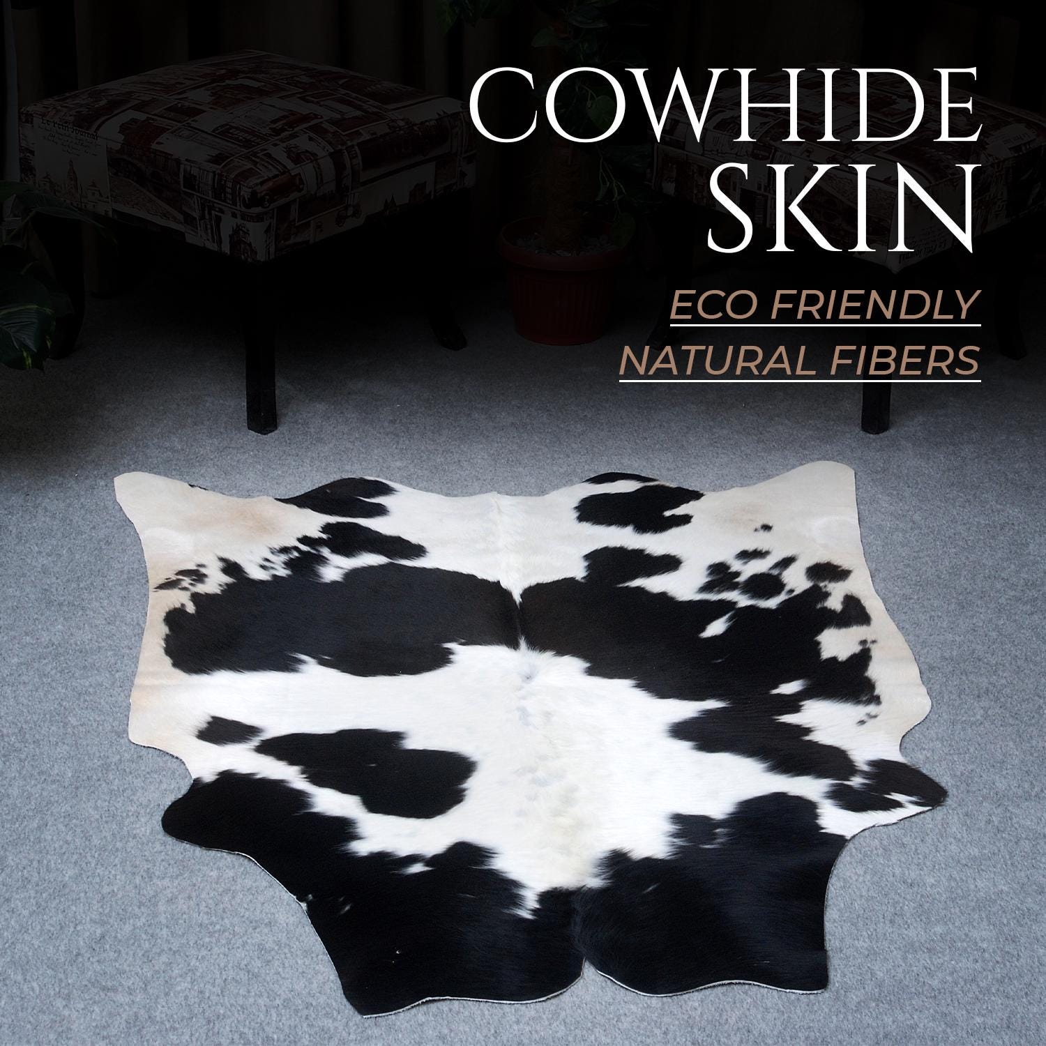 Luxurious Black and White Cowhide Rug with Non-Slip Backing - Hypoallergenic, Handcrafted Medium Salt & Pepper Hair on Hide for Home Décor