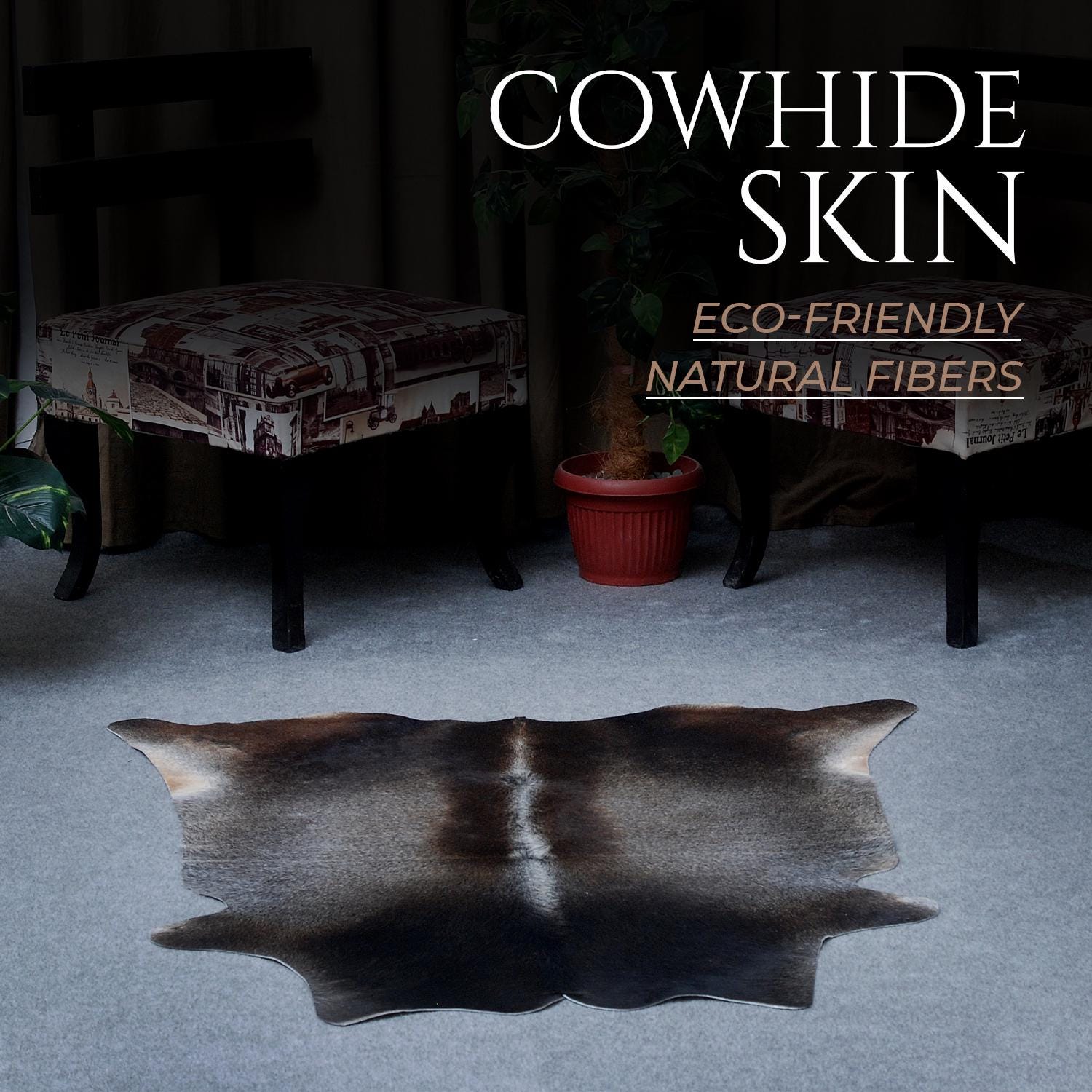 Luxury Grey & White Cowhide Rug: Hypoallergenic, Non-Shedding, Handcrafted Beauty - Free Shipping in UK