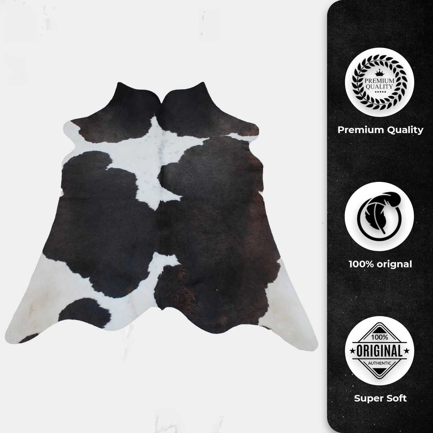 Luxury Medium Cowhide Rug Handcrafted from Natural Dark Brown & White Hair - Durable, Hypoallergenic, and Versatile Addition to Any Space