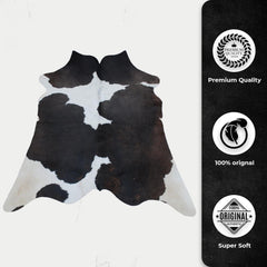 Luxury Medium Cowhide Rug Handcrafted from Natural Dark Brown & White Hair - Durable, Hypoallergenic, and Versatile Addition to Any Space