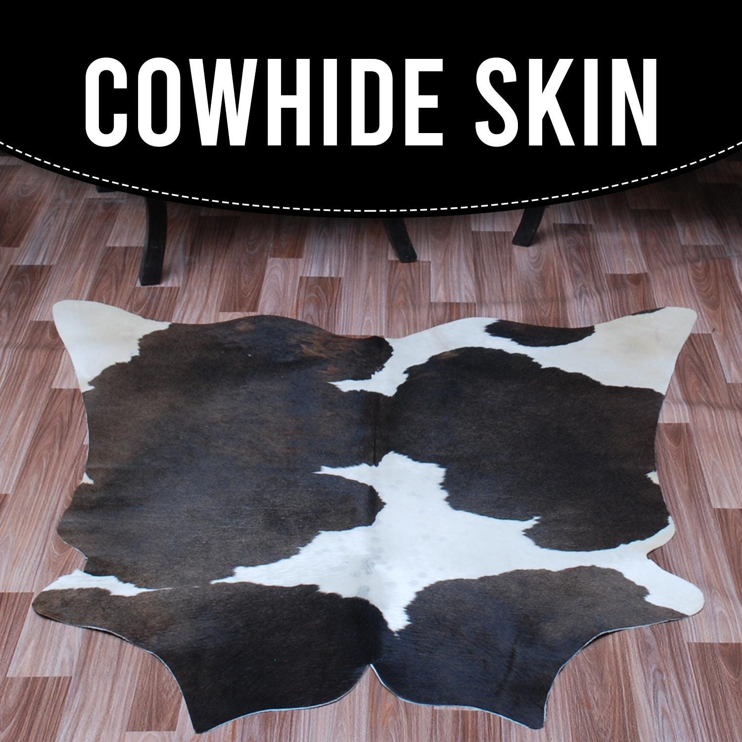 Luxury Medium Cowhide Rug Handcrafted from Natural Dark Brown & White Hair - Durable, Hypoallergenic, and Versatile Addition to Any Space