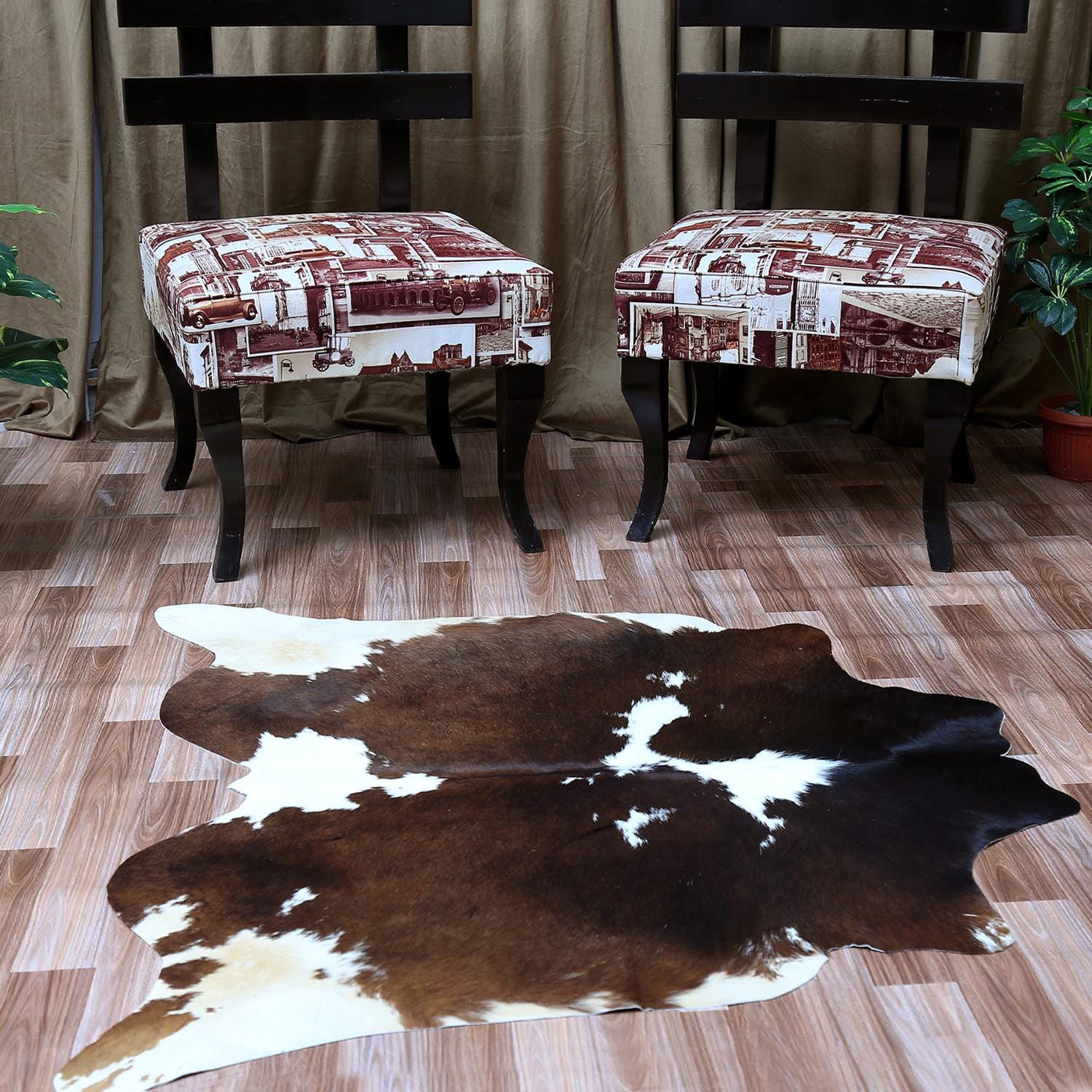 Luxury Medium Cowhide Rug: Dark Brown & White Hide, Hypoallergenic, Handcrafted, Durable - Versatile for Bedroom/ Living Room - 100% Natural