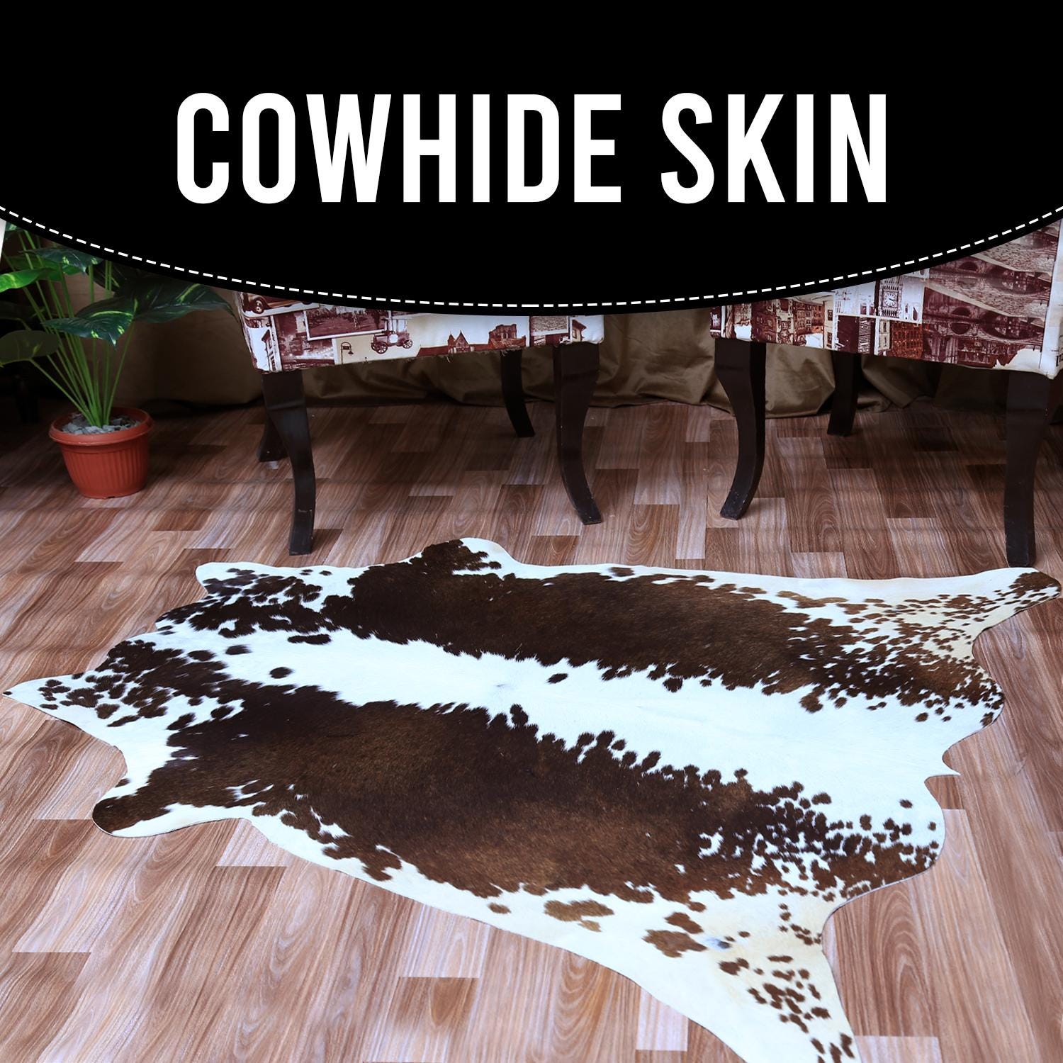Luxury Dark Brown & White Cowhide Rug - Hypoallergenic - Handcrafted Medium Size Area Rug for Modern Home Décor