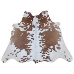 Luxurious Medium Brown and White Cowhide Rug - Handcrafted Hypoallergenic Beauty for Your Home
