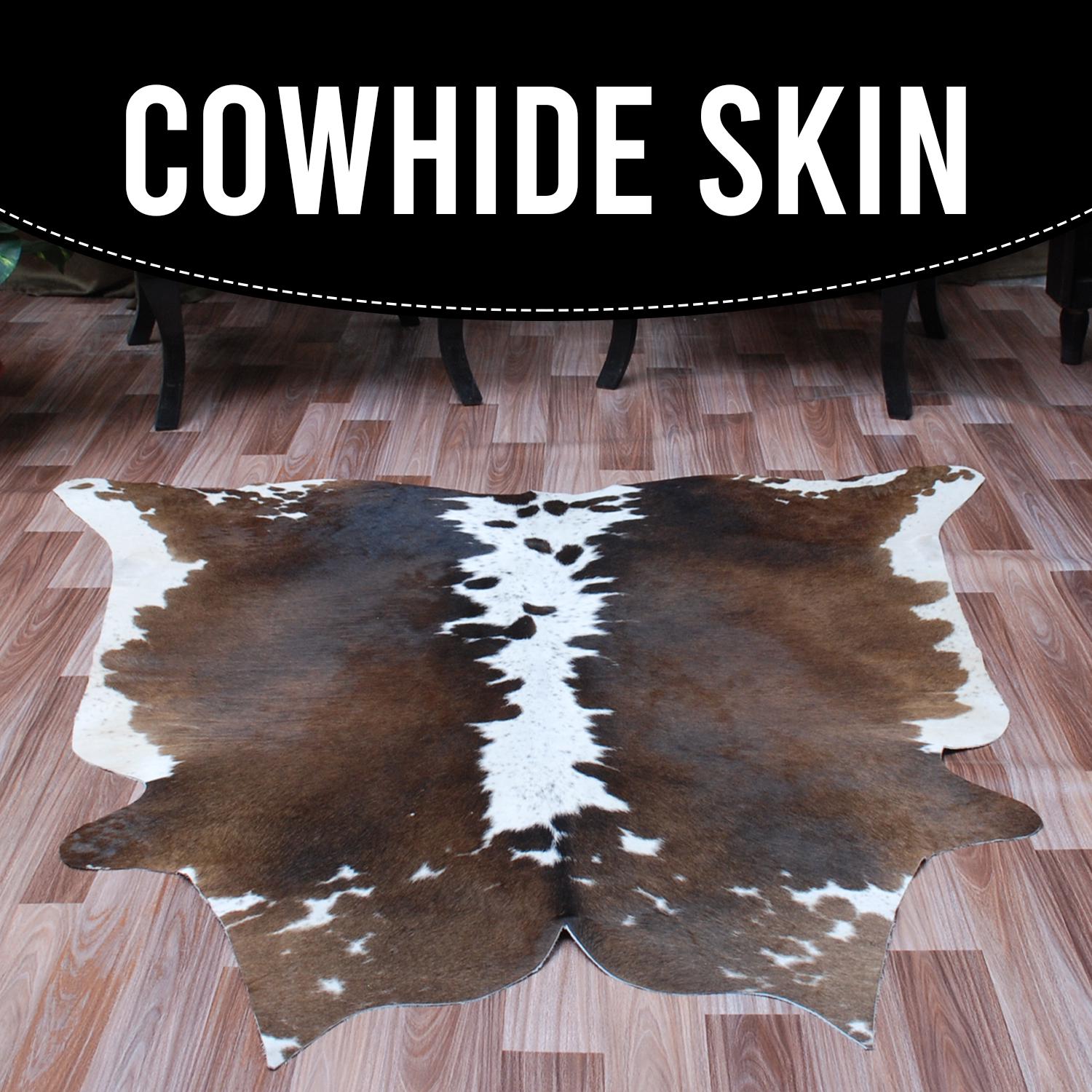 Luxurious Medium Brown & White Cowhide Rug with Hypoallergenic Suede Backing - Handcrafted, Unique Animal Pattern, Durable - Versatile Decor