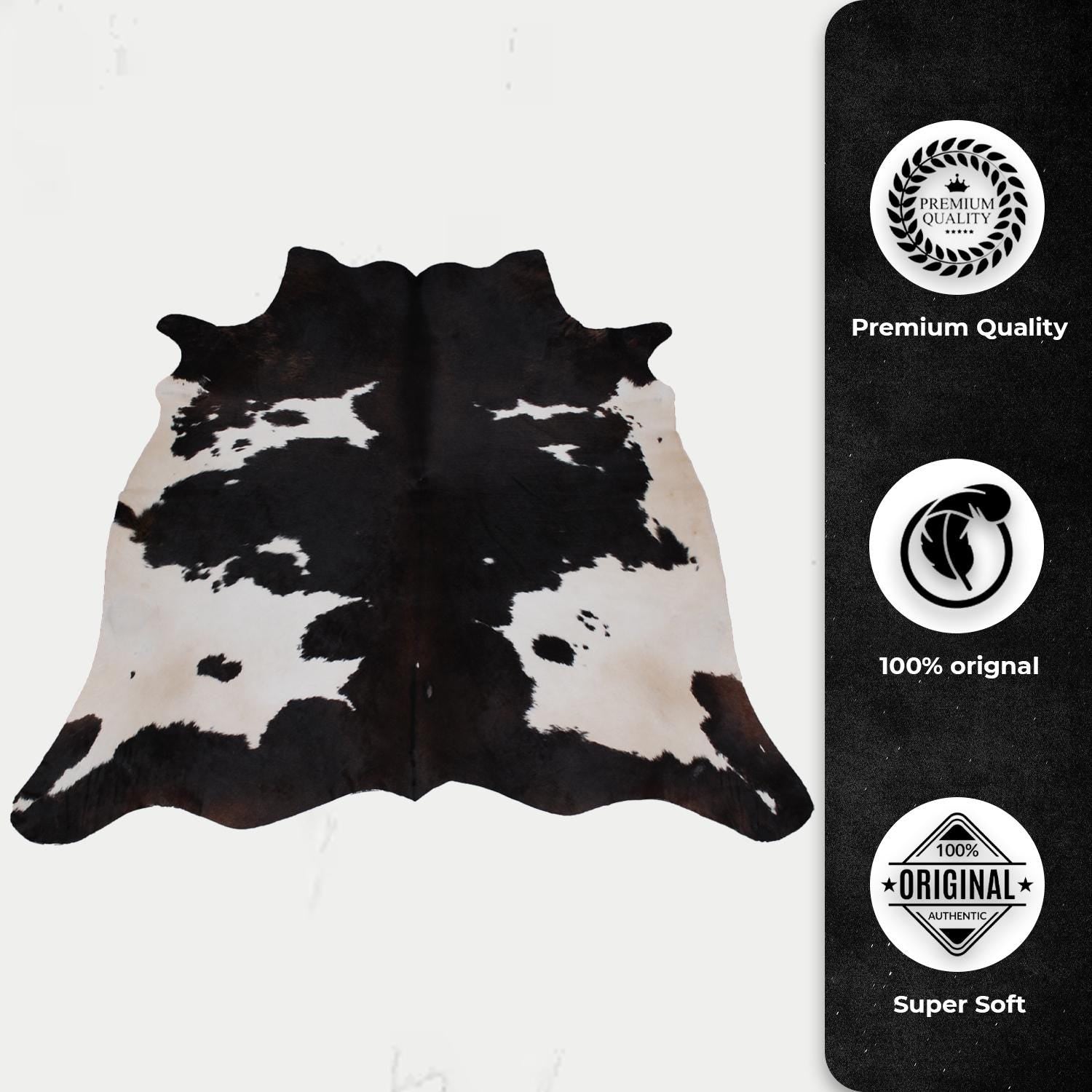 Luxury Handcrafted Medium Brown and White Cowhide Rug - Hypoallergenic, Non-Slip Backing, One-of-a-Kind Natural Beauty