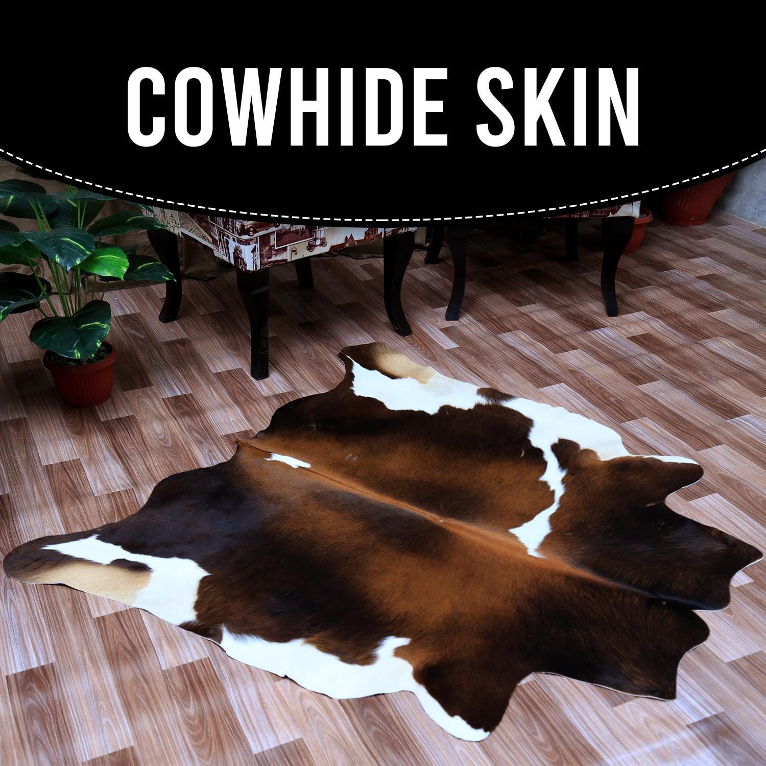 Luxury Dark Brown & White Cowhide Rug for Bedroom - Living Room - Hypoallergenic, Durable - Handcrafted - Medium Size