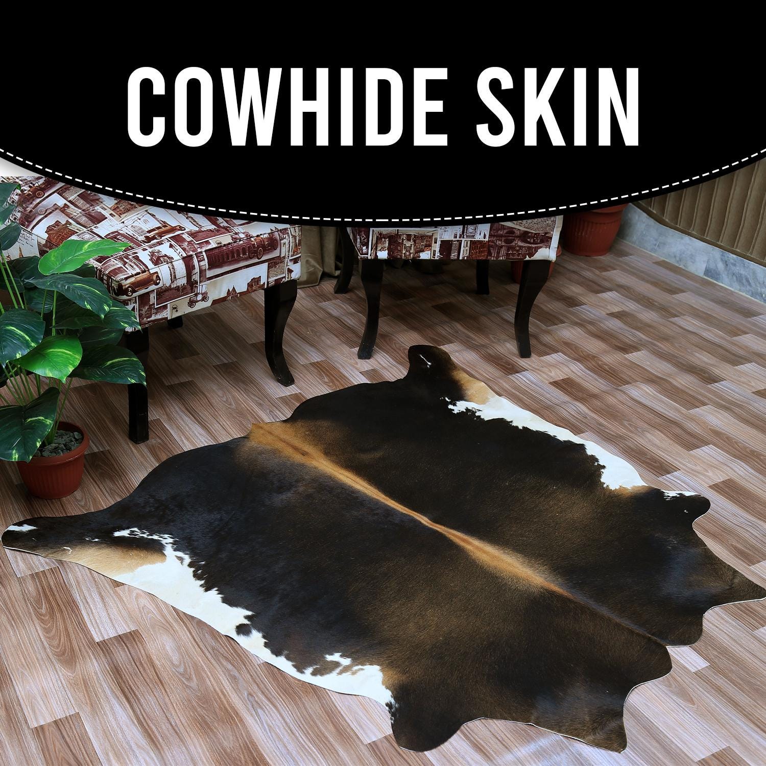 Luxury Handcrafted Medium Brown & White Cowhide Rug for Bedroom/Living Room Décor - Hypoallergenic, Non-Slip Backing, Durable - Unique