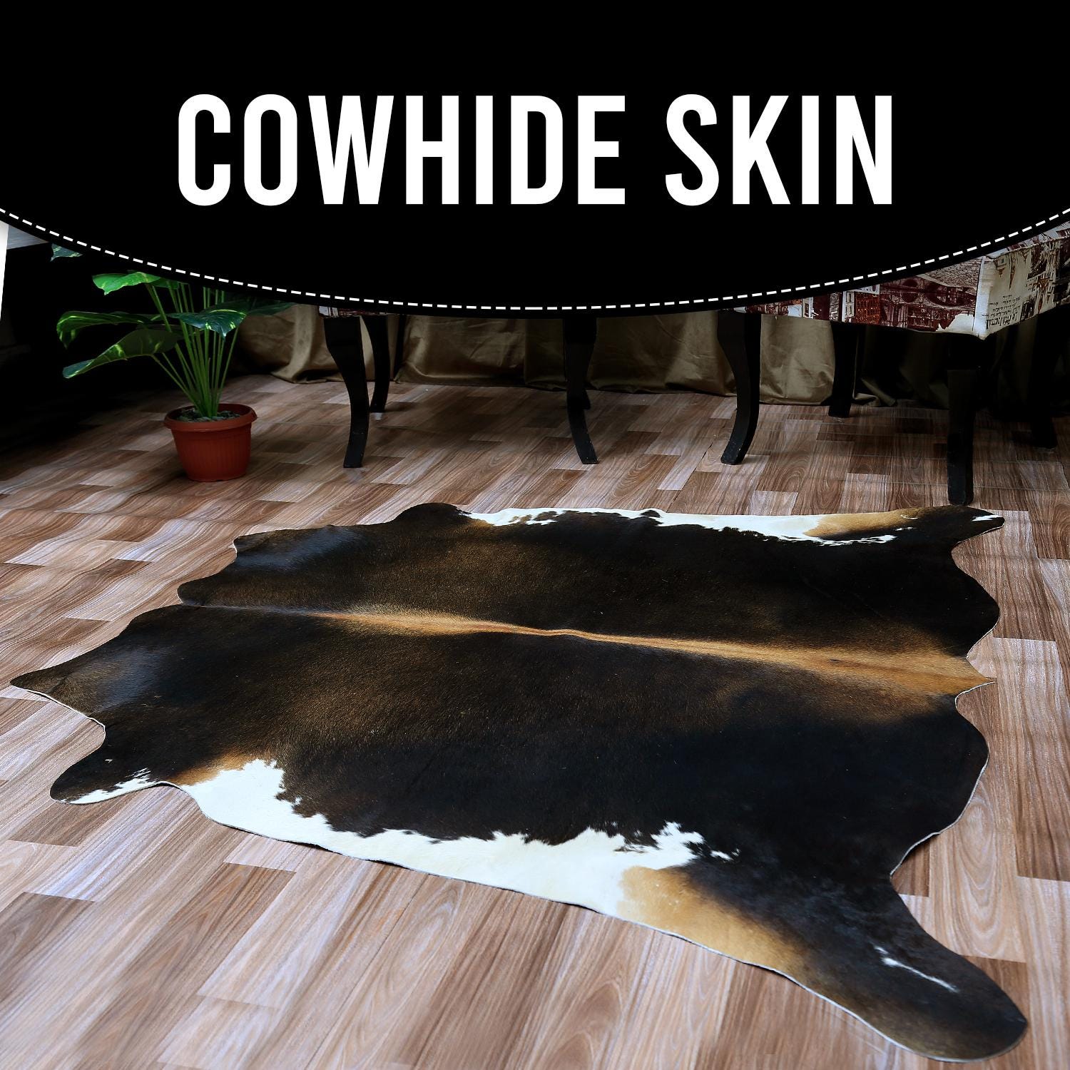 Luxury Handcrafted Medium Brown & White Cowhide Rug for Bedroom/Living Room Décor - Hypoallergenic, Non-Slip Backing, Durable - Unique