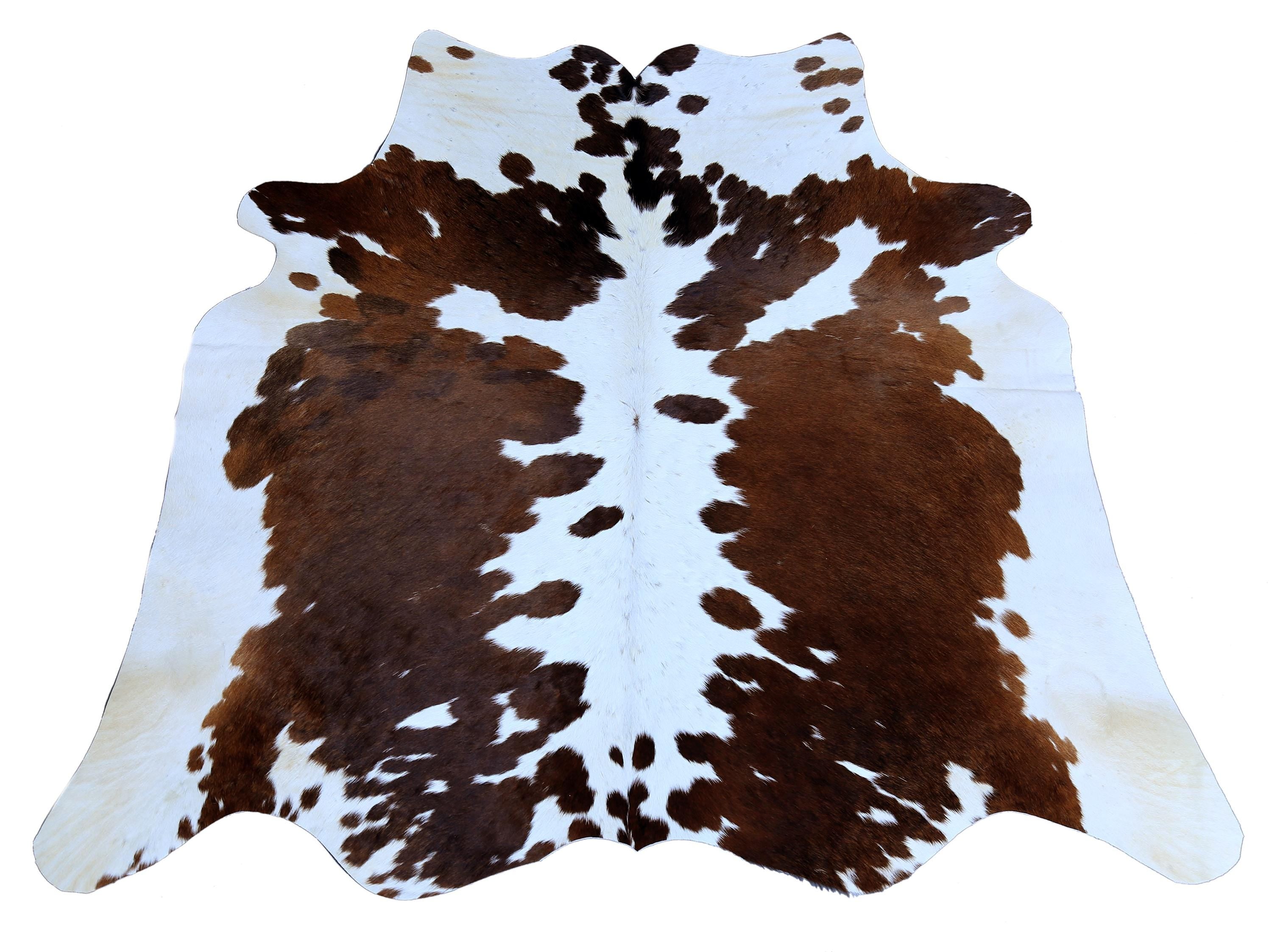 Luxurious Dark Brown and White Cowhide Rug with Small Animal Pattern - Hypoallergenic, Non-Slippery Suede Back, Non-Shedding - Handcrafted