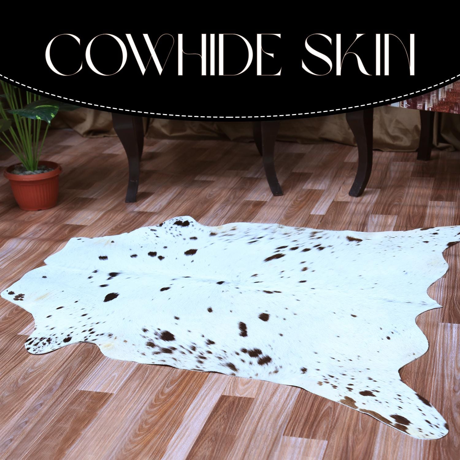 Luxury Hypoallergenic Natural Cowhide Rug with Non-Slip Suede Back - Brown & White Hair Small Area Rug for Home Decor - Handcrafted Premium
