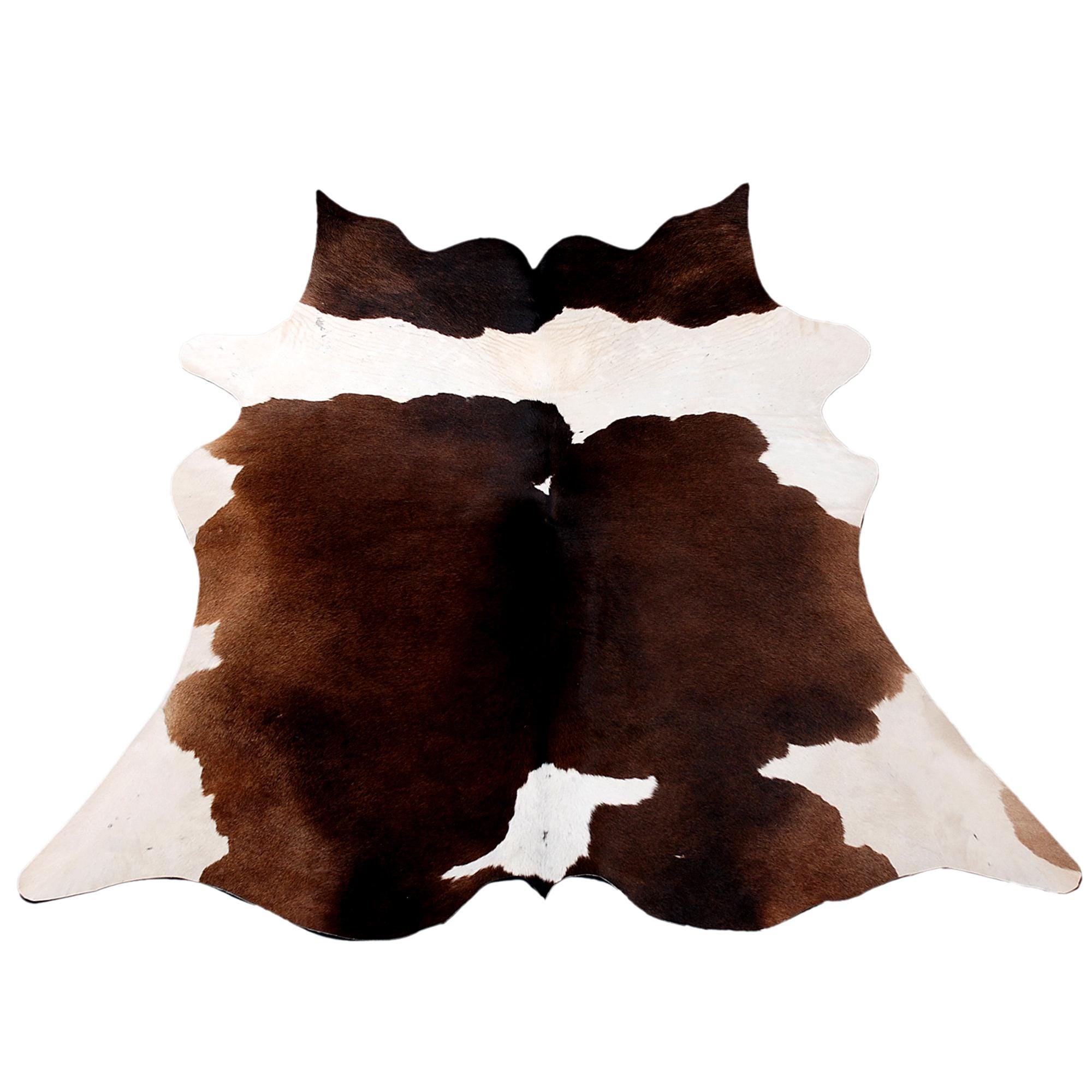 Luxury Medium Brown & White Cowhide Rug - Handcrafted Natural Hide with Soft Hair, Hypoallergenic, Non-Slip Backing, Unique Markings -