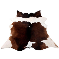 Luxury Medium Brown & White Cowhide Rug - Handcrafted Natural Hide with Soft Hair, Hypoallergenic, Non-Slip Backing, Unique Markings -