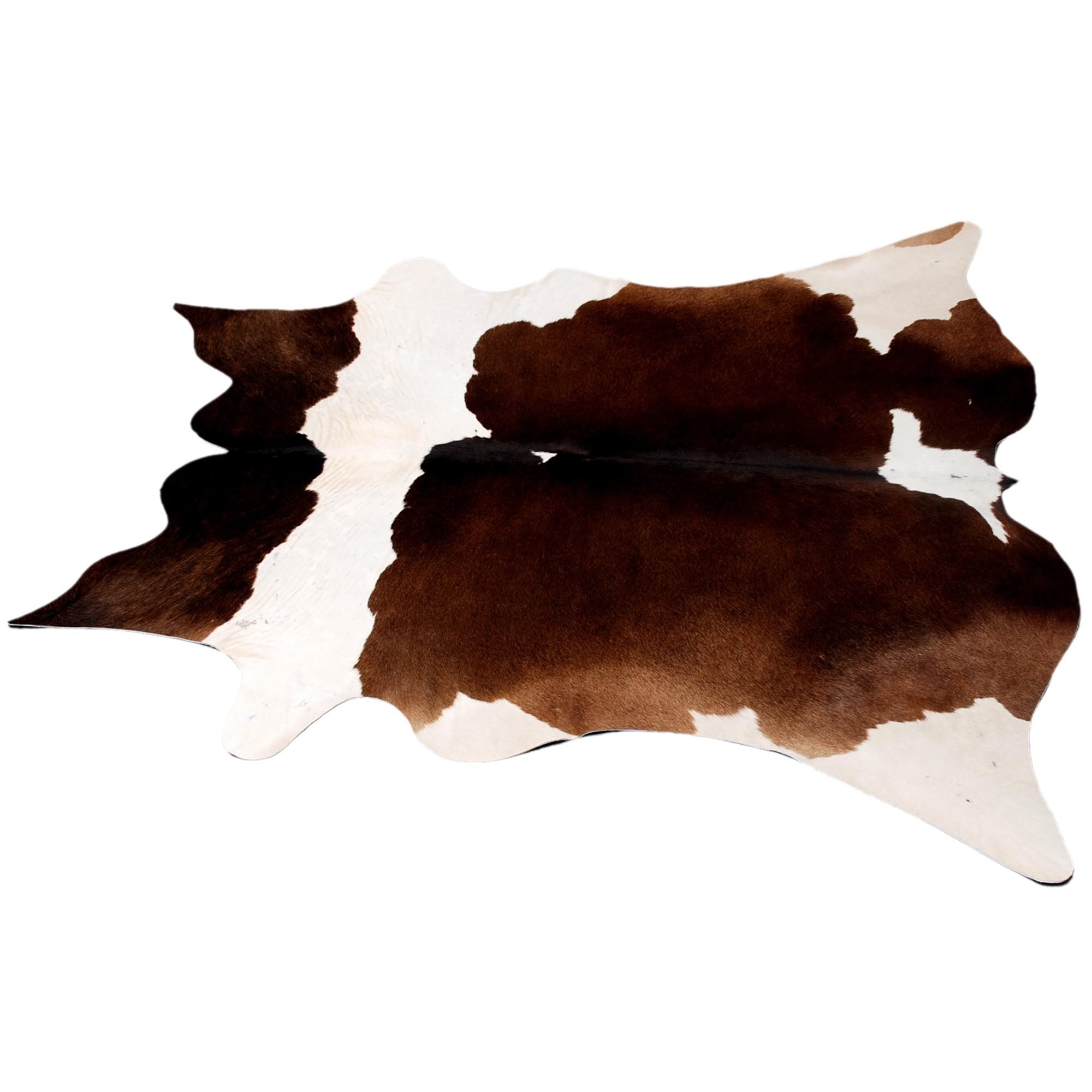 Luxury Medium Brown & White Cowhide Rug - Handcrafted Natural Hide with Soft Hair, Hypoallergenic, Non-Slip Backing, Unique Markings -