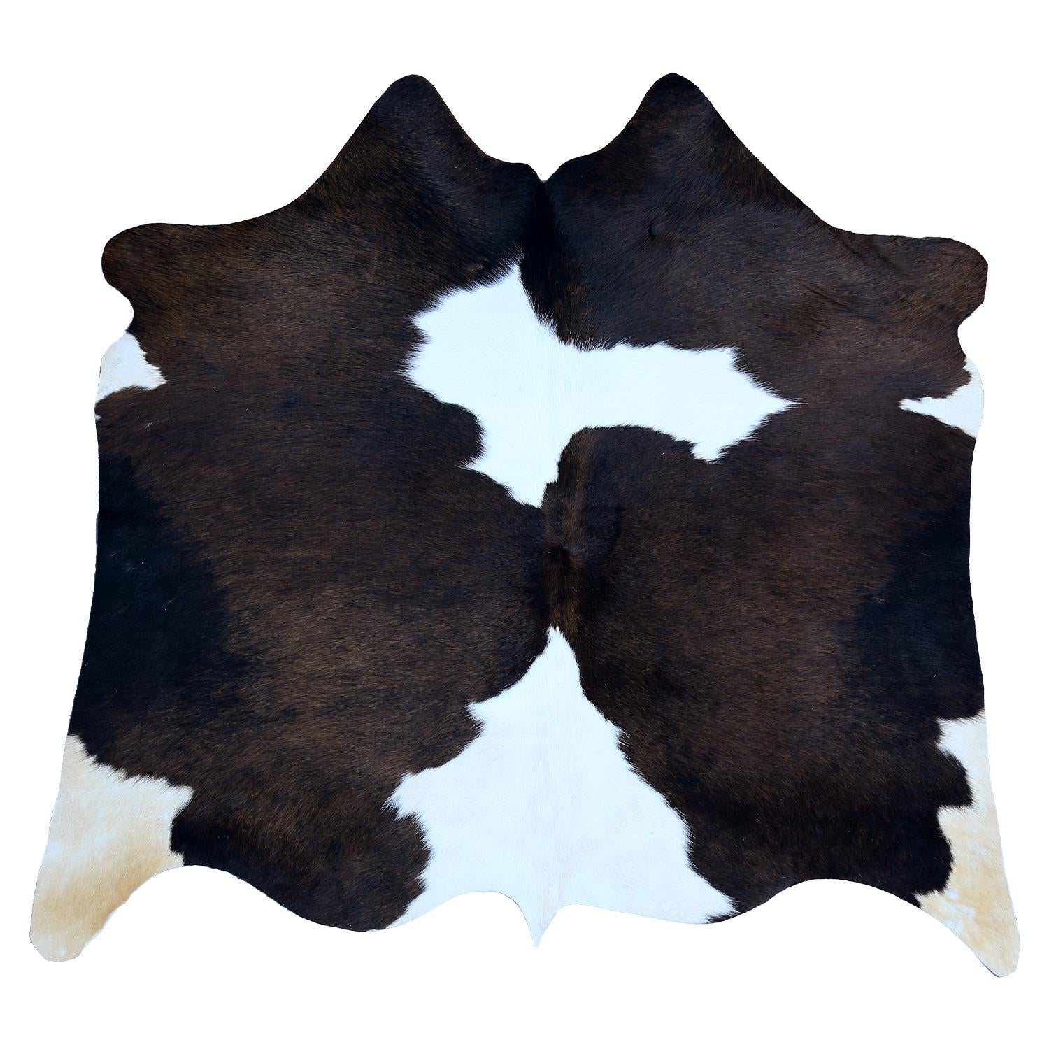 Rustic Charm Cowhide Rug: Medium Dark Brown & White - Handcrafted, Durable, Versatile for Modern Home Decor