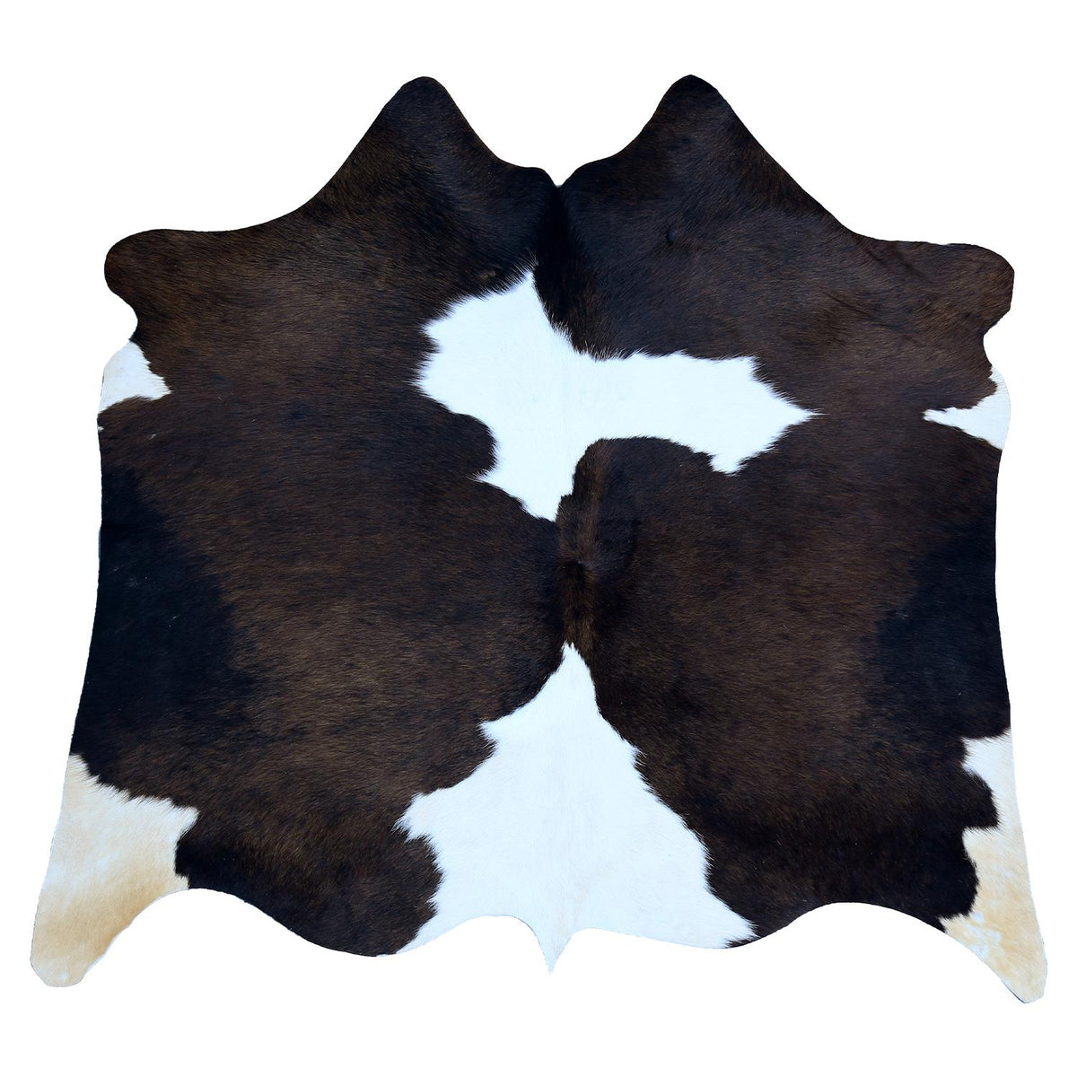 Rustic Charm Cowhide Rug: Medium Dark Brown & White - Handcrafted, Durable, Versatile for Modern Home Decor