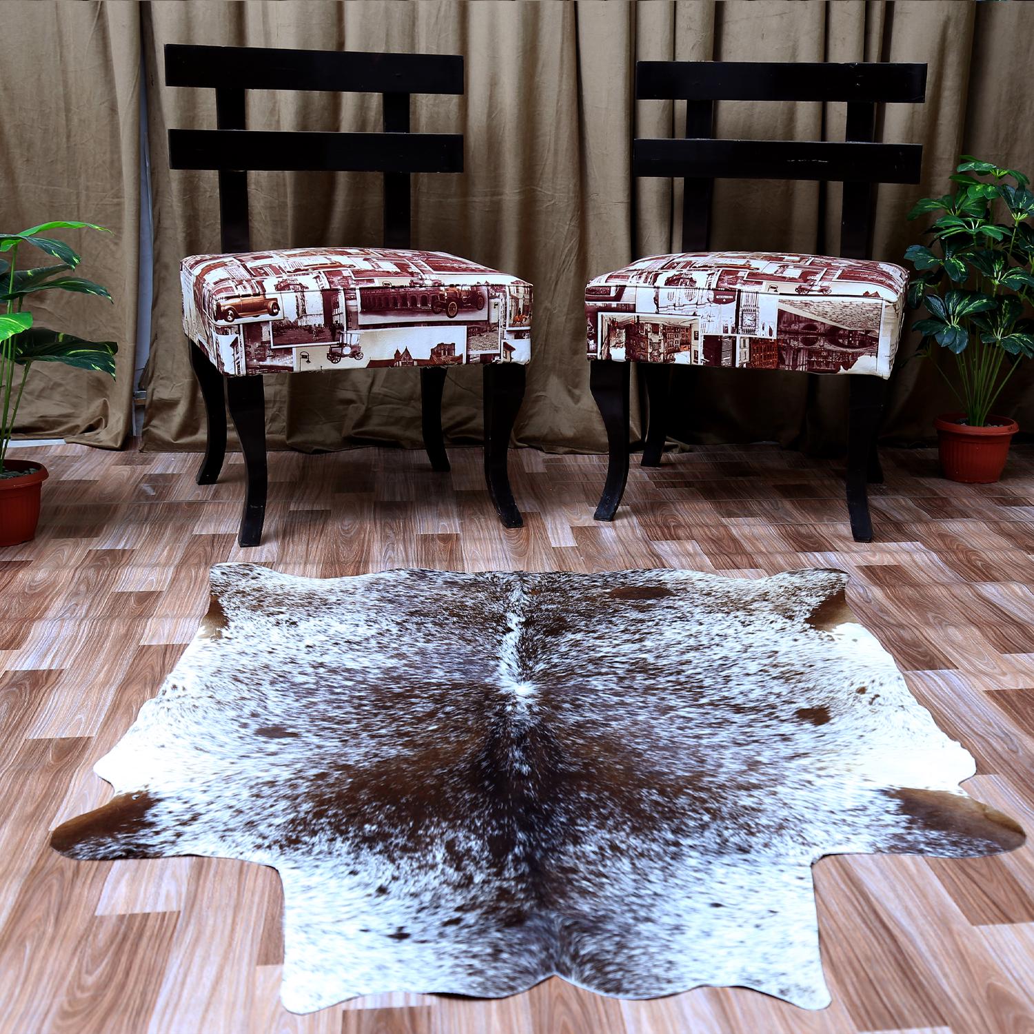 Handcrafted Dark Brown & White Cowhide Rug - Medium Size, Hypoallergenic - Non-Slip, Unique - Durable, Rustic Charm for Your Home