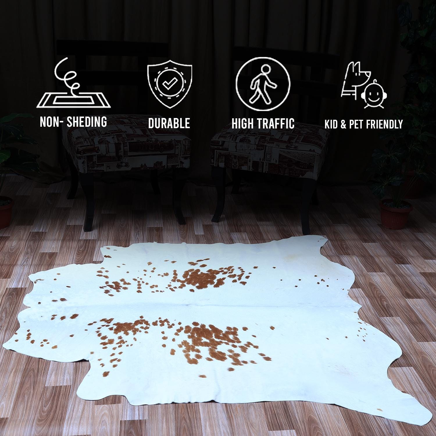 Luxurious Brown & White Cowhide Rug for Bedroom - Living Room - Hypoallergenic, Non-Slip, Non-Shedding, Top Quality, Free Shipping