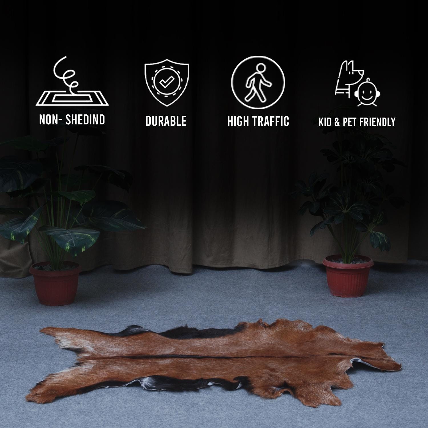 Luxurious Brown and Black Goat Hide Rug with Unique Patterns and Non-Slip Suede Back - Sustainable Eco-Friendly Accent Piece - Celestial Leather Limited