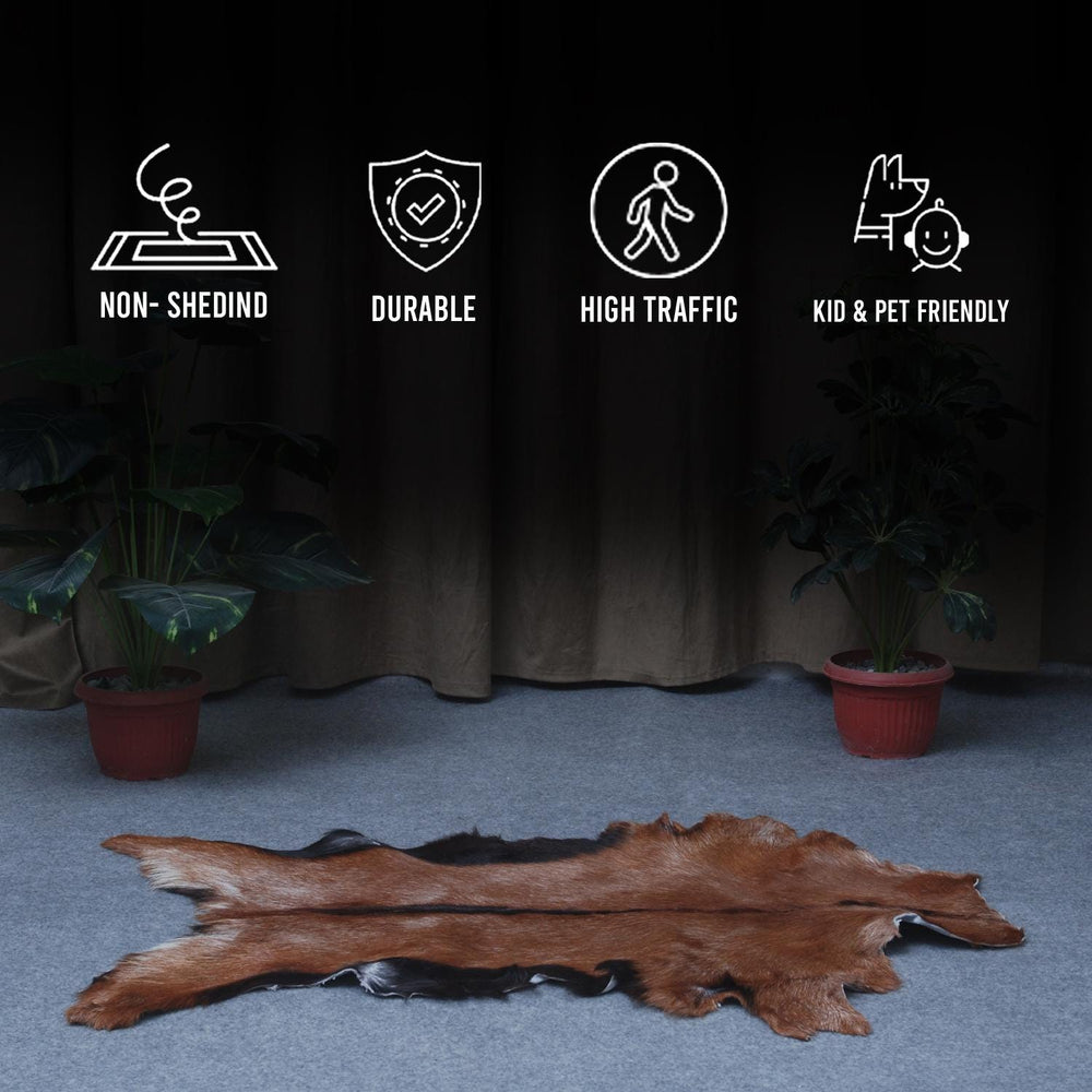 Luxurious Brown and Black Goat Hide Rug with Unique Patterns and Non-Slip Suede Back - Sustainable Eco-Friendly Accent Piece - Celestial Leather Limited