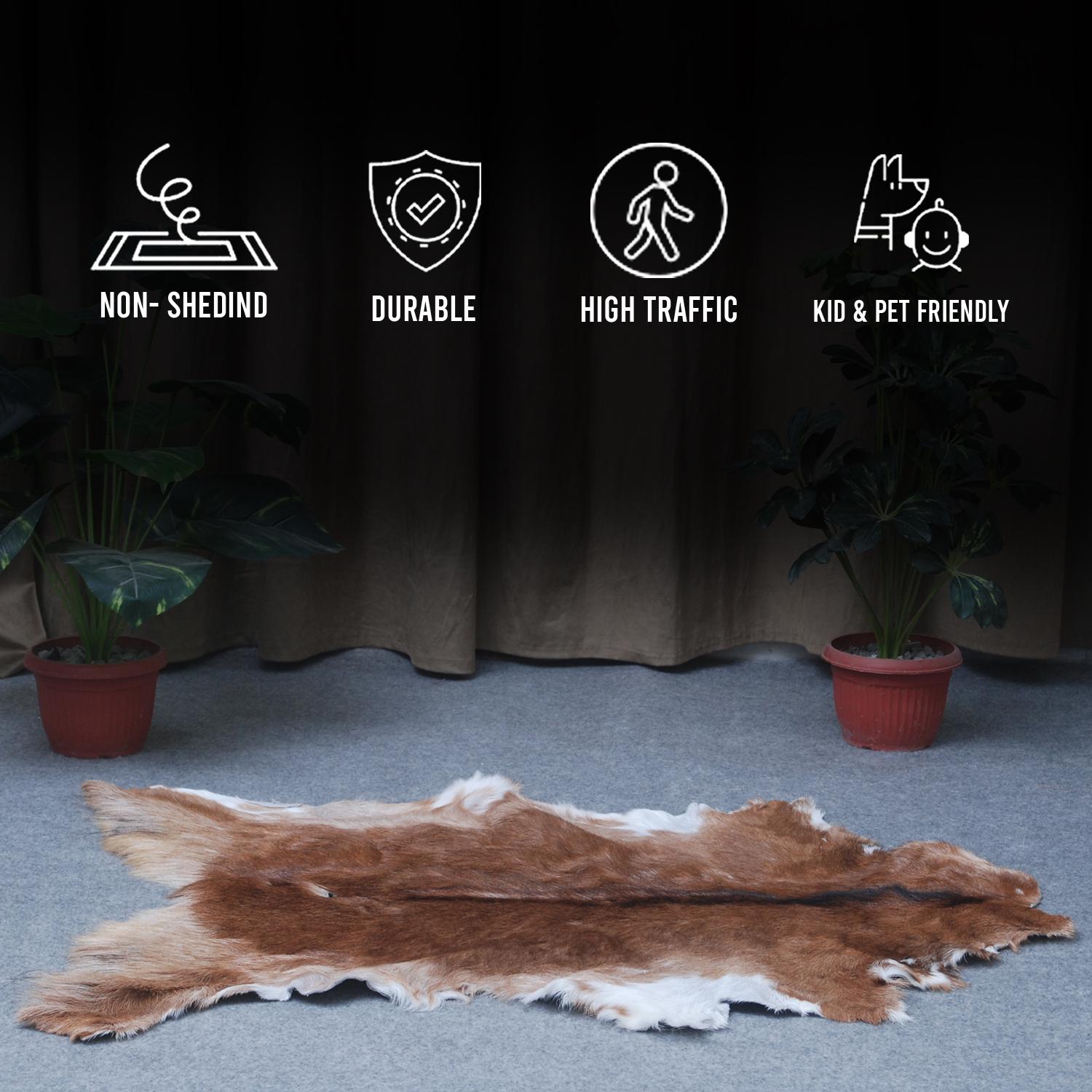 Luxury Brown and White Genuine Goat Hide Rug - Premium 100% Natural Hair-On Goat Skin Rug - Handcrafted and Sustainable Home Decor - Celestial Leather Limited