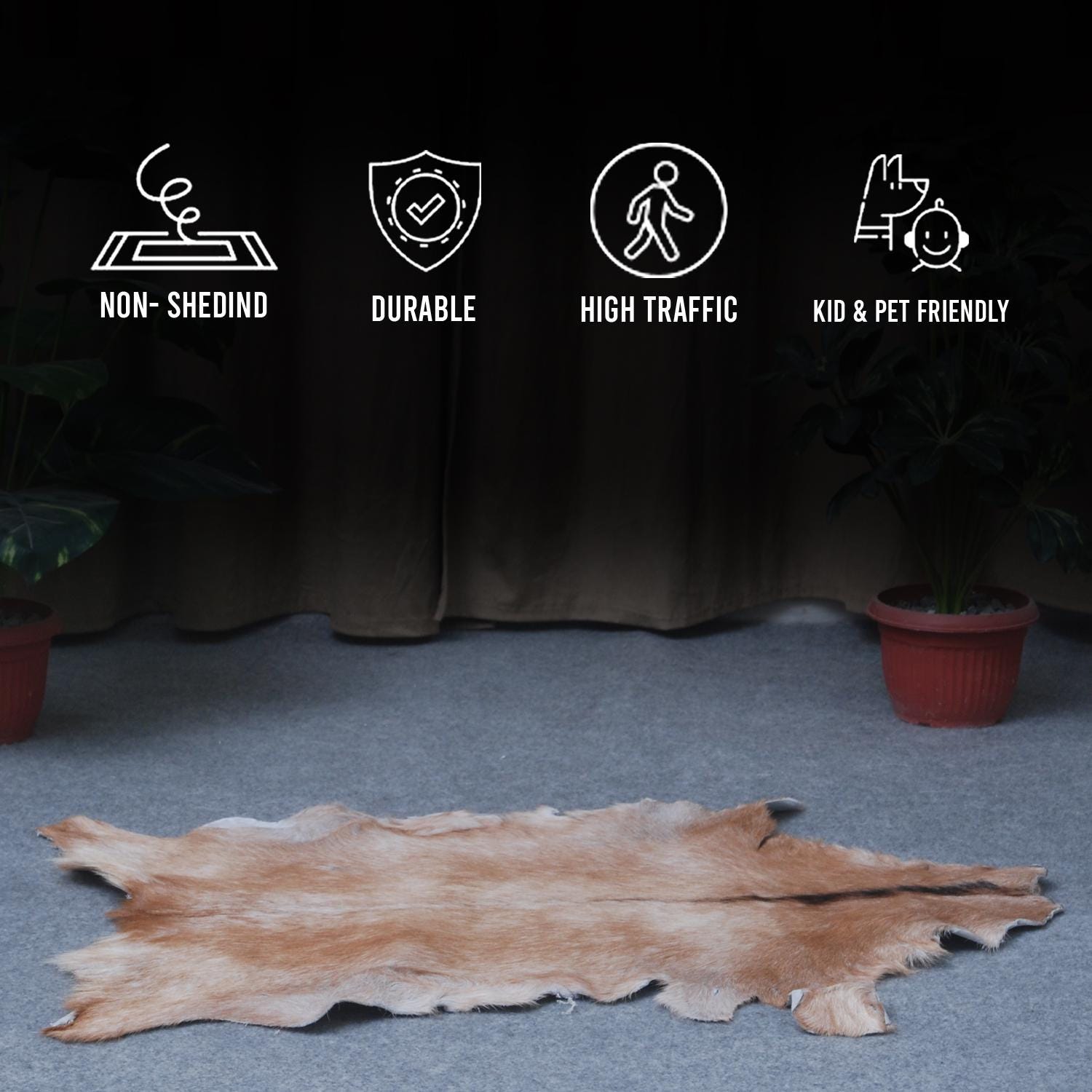 Luxury Brown and White Goat Hide Rug with Unique Patterns | Premium Hair-On Goat Skin Rug for Home Decor