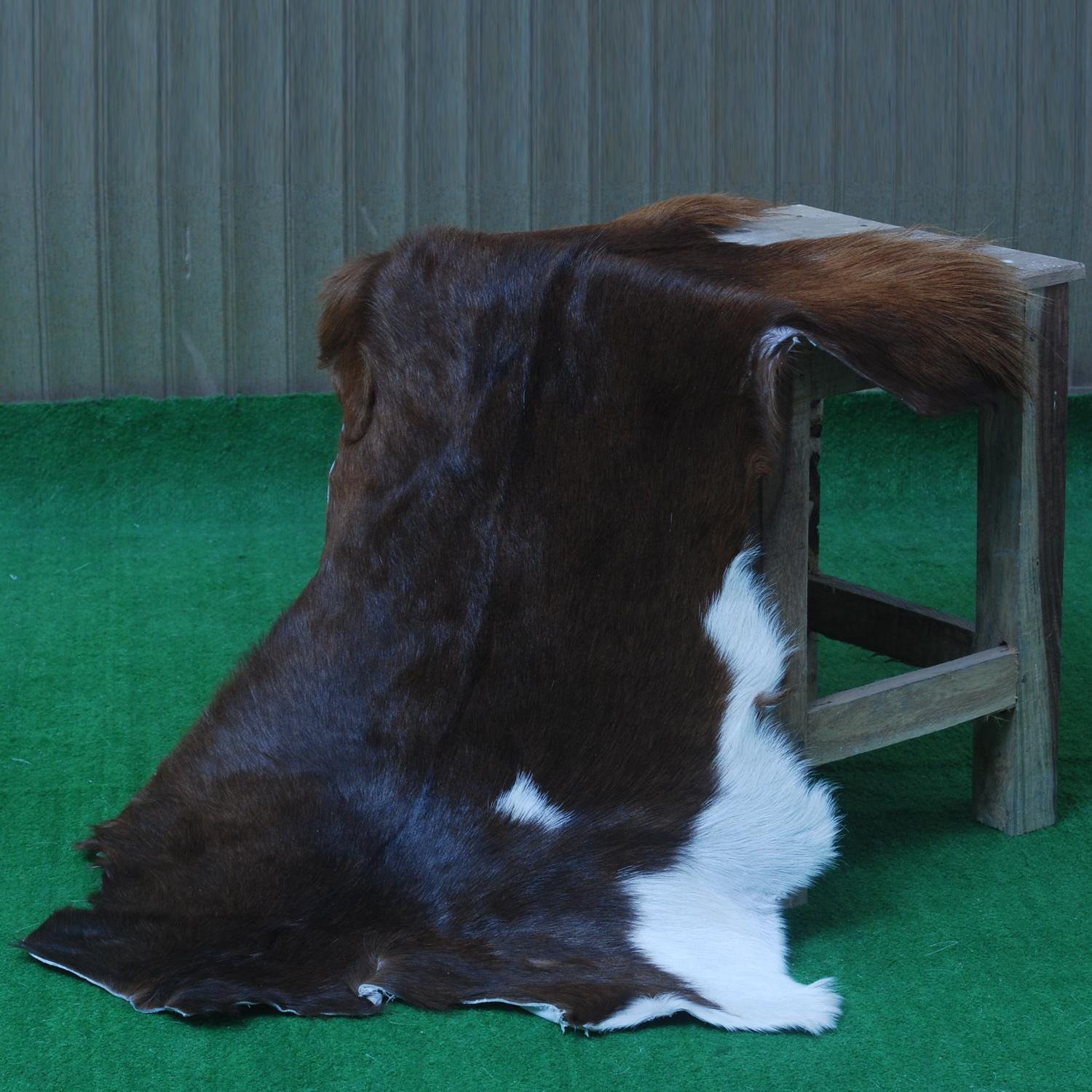 Luxury Handmade Dark Brown & White Goat Skin Rug - Soft, Hypoallergenic, & Sustainable