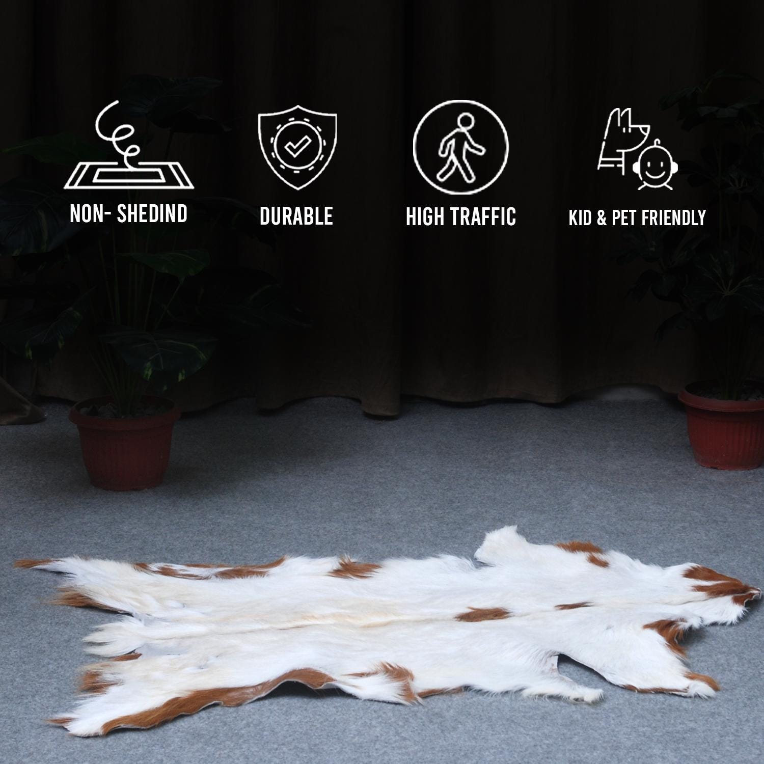 Luxury Brown and White Goat Hide Rug | Premium Hair-On Skin | Non-Slip Suede Back | Sustainable & Eco-Friendly | Handcrafted Elegance