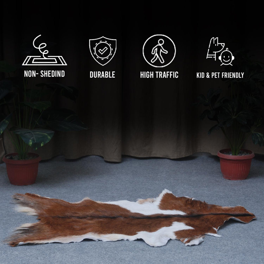 Luxurious Brown & White Goat Skin Rug - Soft, Durable, and Eco-Friendly - Handmade Pure Goat Skin Floor Rug - Non-Slip Suede Back - Celestial Leather Limited