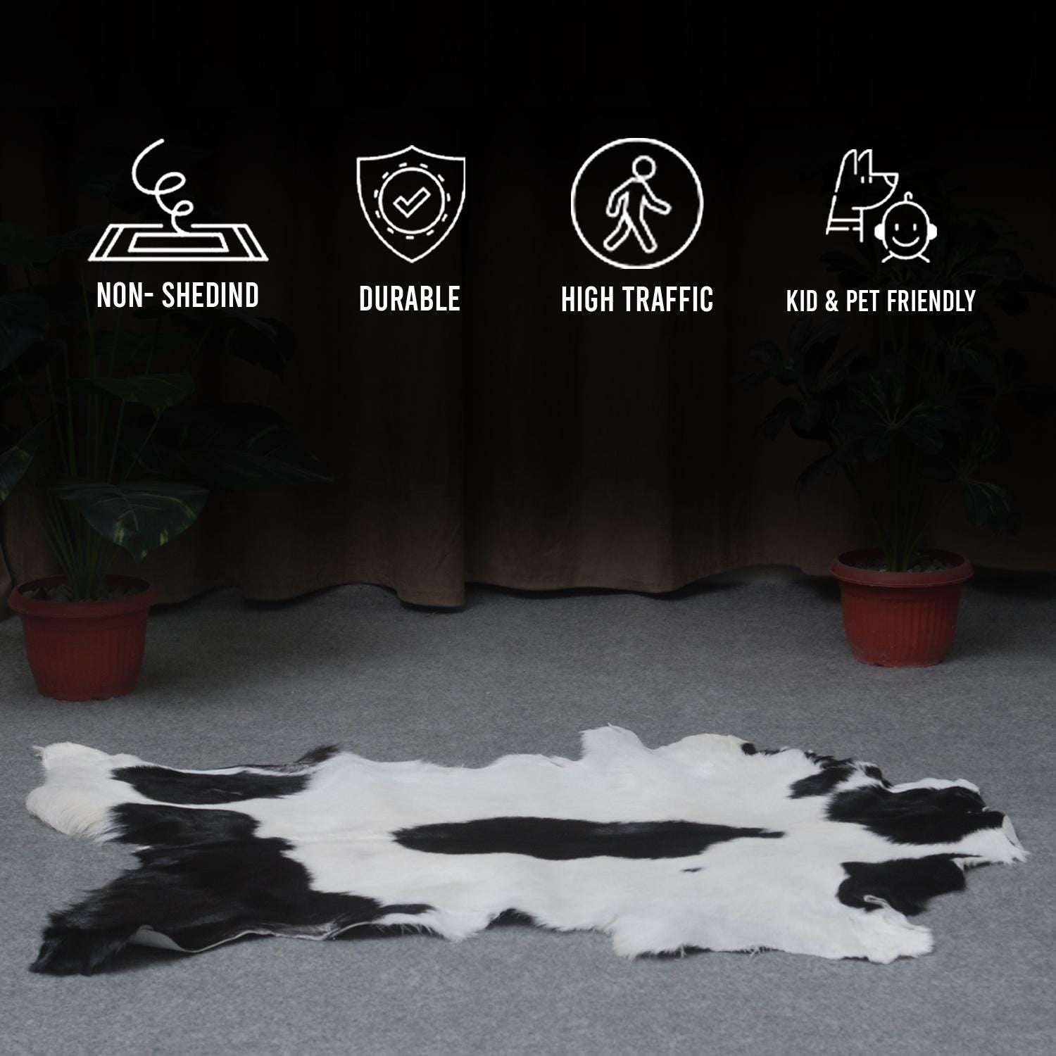 Luxury Black & White Goat Skin Rug - Modern Chic Decor, Natural Softness, Hypoallergenic, Eco-Friendly, Unique Pattern, Non-Slip Backing