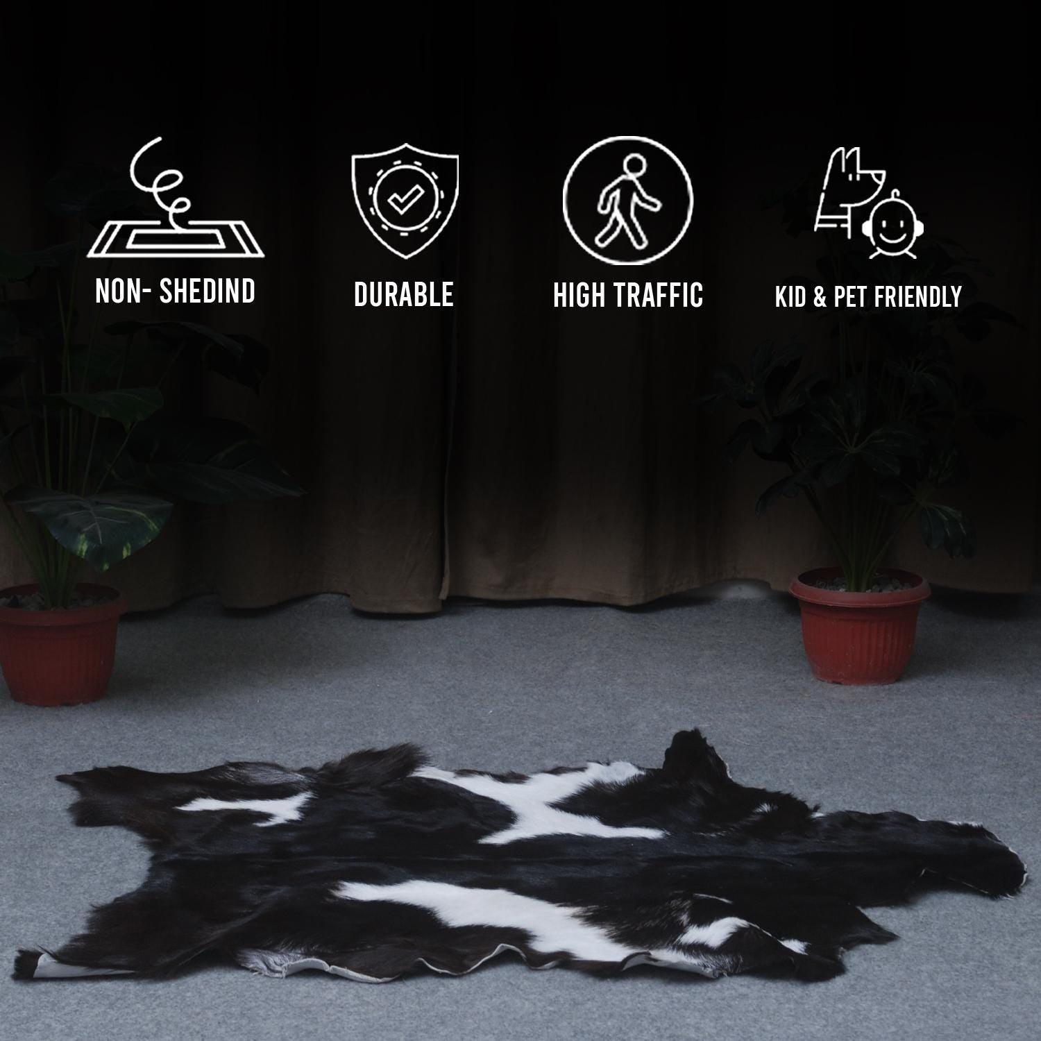 Luxury Black & White Graphic Pattern Goat Skin Rug, Hypoallergenic - Non-Shedding, Modern Sophistication, Sustainable - Eco-Friendly