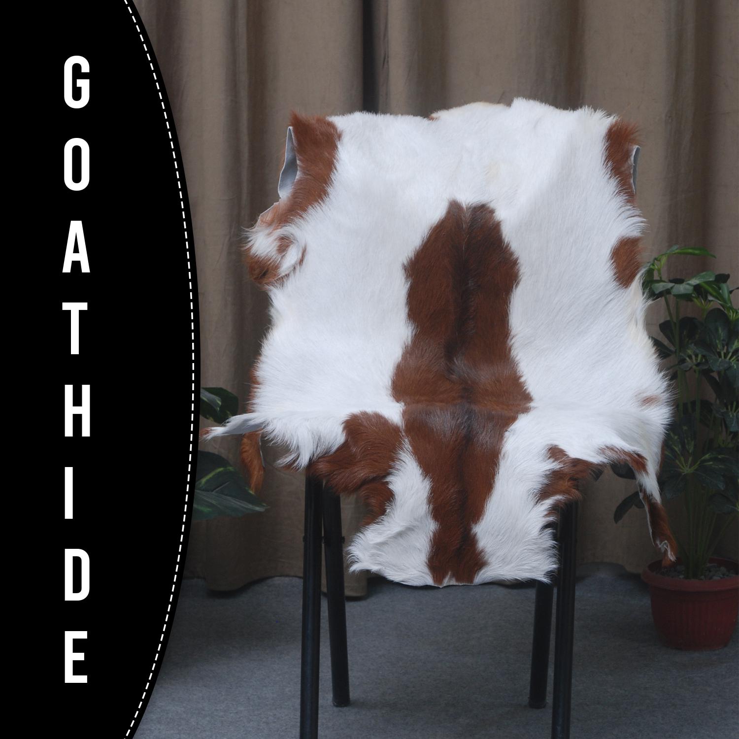 Luxury Brown and White Goat Hide Rug - Premium Hair-on Goatskin Rug - Eco-Friendly and Handcrafted - Hypoallergenic - Non-Slip Suede Back